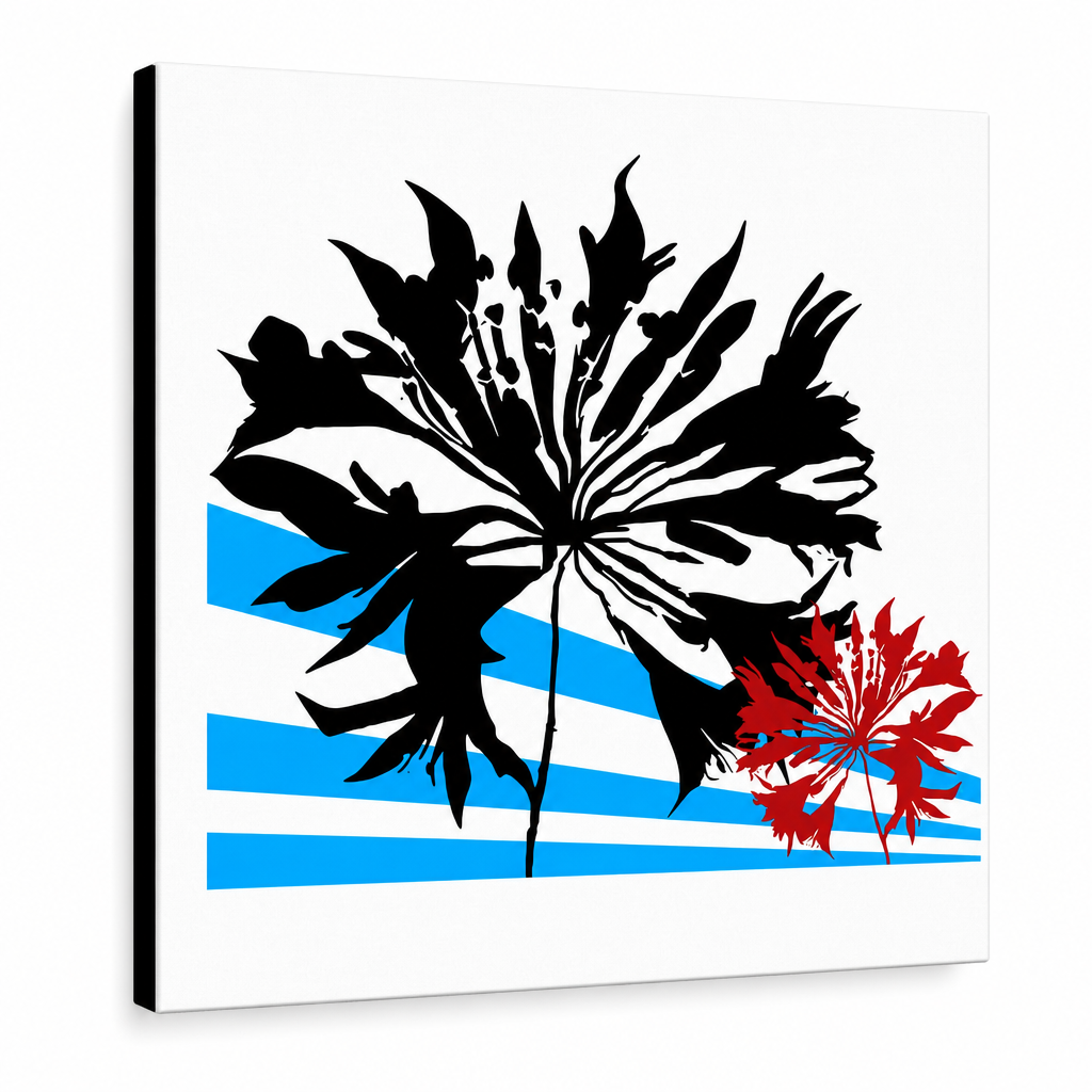 Ručne maľovaný POP Art obraz Flower – 3D vizualizácia ručne maľovaného plátna na bielom pozadí. Dominantné farby: čierna, červená, modrá.