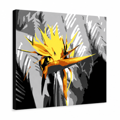 Ručne maľovaný POP Art obraz Flower – 3D vizualizácia ručne maľovaného plátna na bielom pozadí. Dominantné farby: žltá, čierna, sivá.