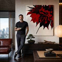 Ručne maľovaný POP Art obraz FLOWER – obraz v modernom mužskom interiéri, lifestyle vizualizácia. Dominantné farby: čierna, červená, oranžová.