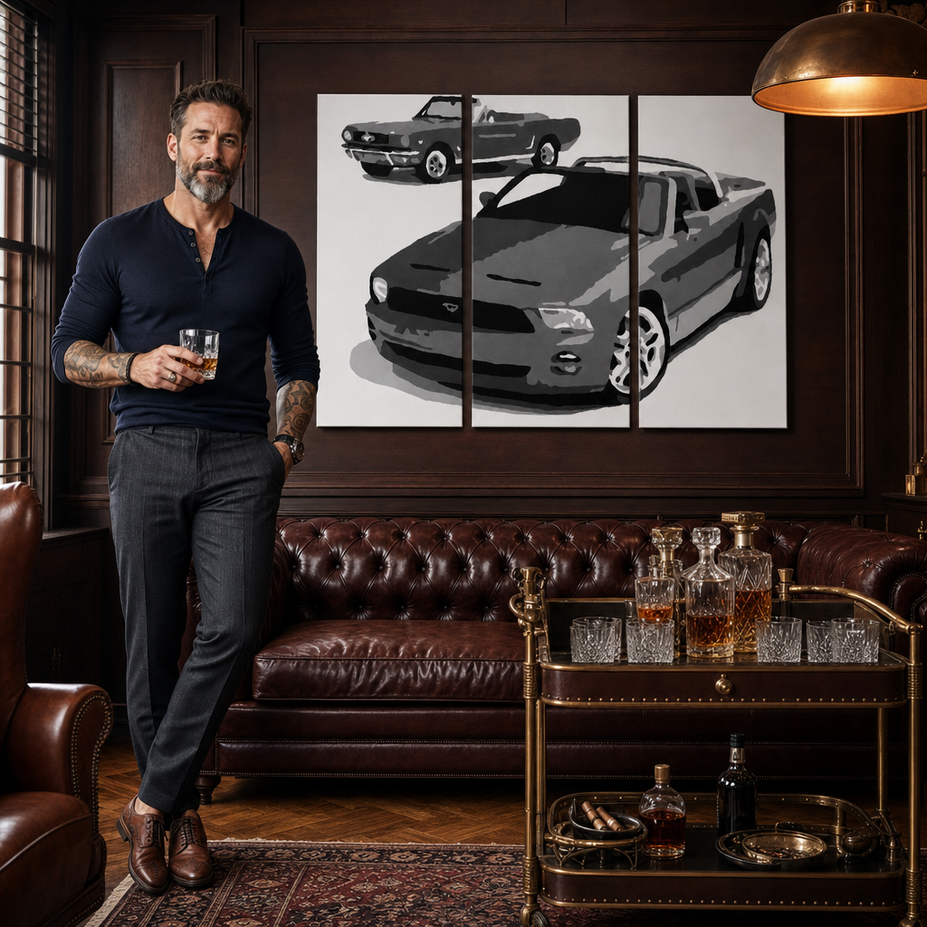 Ručne ma��ovaný POP Art obraz Ford Mustang – obraz v modernom mužskom interiéri, lifestyle vizualizácia. Dominantné farby: čierna, biela, sivá.
