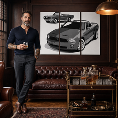 Ručne ma��ovaný POP Art obraz Ford Mustang – obraz v modernom mužskom interiéri, lifestyle vizualizácia. Dominantné farby: čierna, biela, sivá.