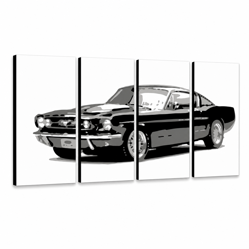 Ručne maľovaný POP Art obraz Ford Mustang – 3D vizualizácia ručne maľovaného plátna na bielom pozadí. Dominantné farby: čierna, sivá, biela.
