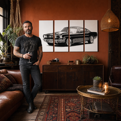 Ručne maľovaný POP Art obraz Ford Mustang – obraz v modernom mužskom interiéri, lifestyle vizualizácia. Dominantné farby: čierna, sivá, biela.