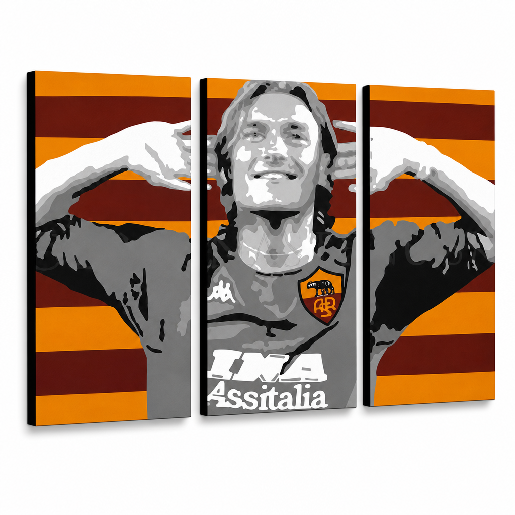 Ručne maľovaný POP Art obraz Francesco Totti – 3D vizualizácia ručne maľovaného plátna na bielom pozadí. Dominantné farby: červená, oranžová, sivá, čierna, biela.