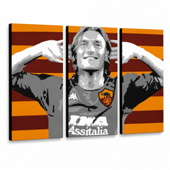Ručne maľovaný POP Art obraz Francesco Totti – 3D vizualizácia ručne maľovaného plátna na bielom pozadí. Dominantné farby: červená, oranžová, sivá, čierna, biela.