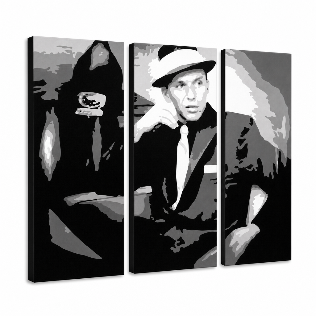 Ručne maľovaný POP Art obraz Frank Sinatra sin – 3D vizualizácia ručne maľovaného plátna na bielom pozadí. Dominantné farby: čierna, biela, sivá.