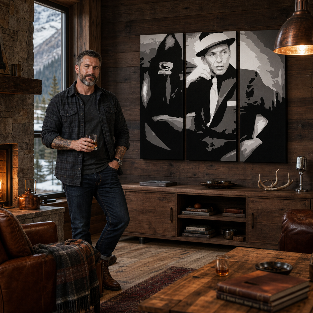 Ručne maľovaný POP Art obraz Frank Sinatra sin – obraz v modernom mužskom interiéri, lifestyle vizualizácia. Dominantné farby: čierna, biela, sivá.