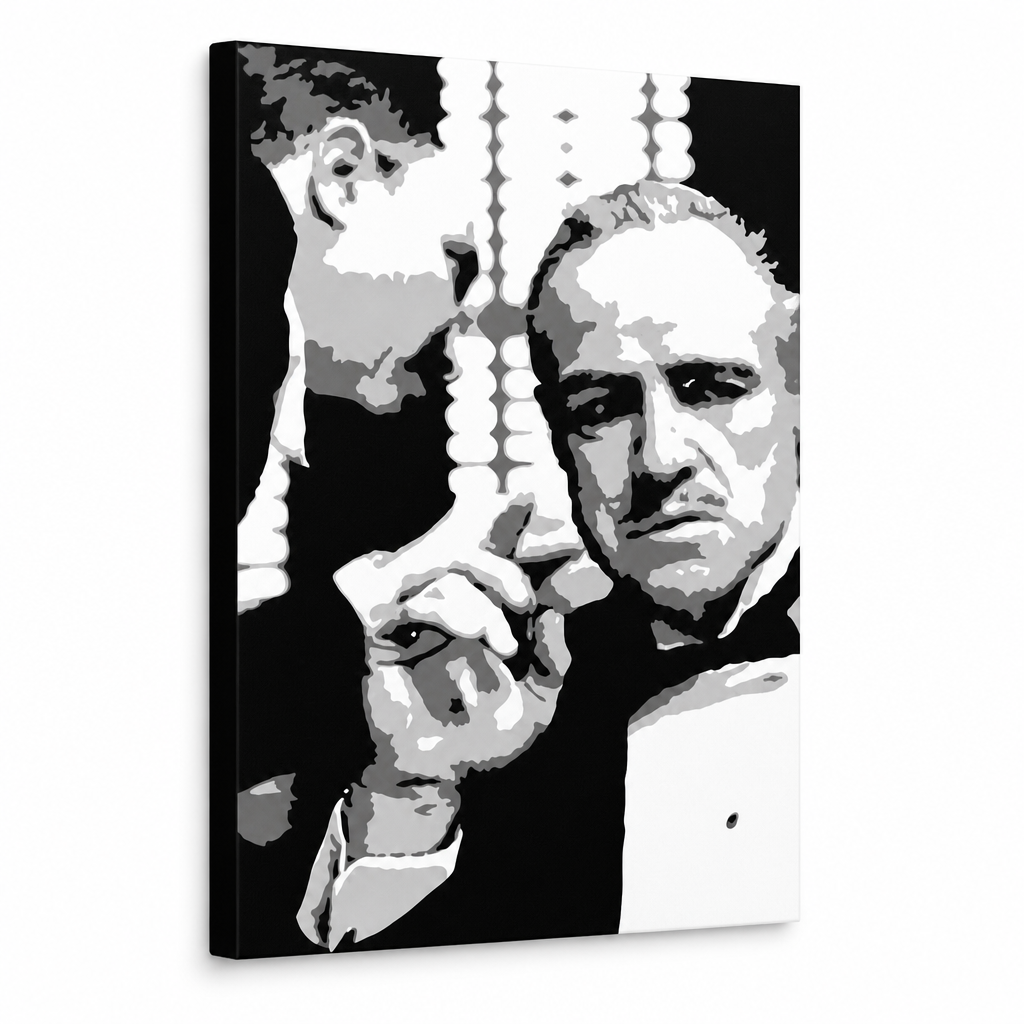 Ručne maľovaný POP Art obraz GODFATHER – 3D vizualizácia ručne maľovaného plátna na bielom pozadí. Dominantné farby: čierna, biela, sivá.