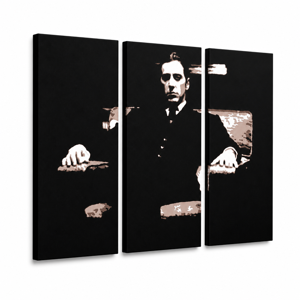 Ručne maľovaný POP Art obraz GODFATHER – 3D vizualizácia ručne maľovaného plátna na bielom pozadí. Dominantné farby: čierna, hnedá, béžová.