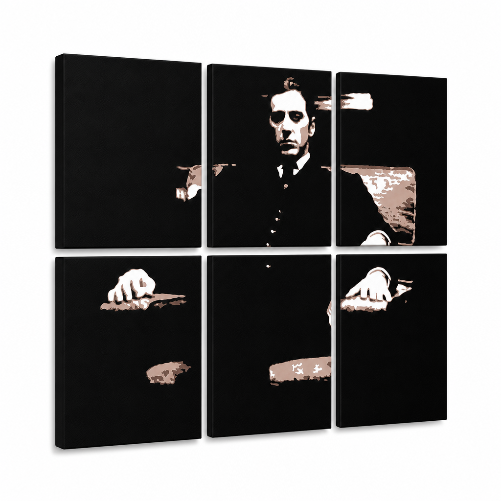 Ručne maľovaný POP Art obraz GODFATHER – 3D vizualizácia ručne maľovaného plátna na bielom pozadí. Dominantné farby: čierna, hnedá, biela.