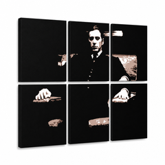 Ručne maľovaný POP Art obraz GODFATHER – 3D vizualizácia ručne maľovaného plátna na bielom pozadí. Dominantné farby: čierna, hnedá, biela.