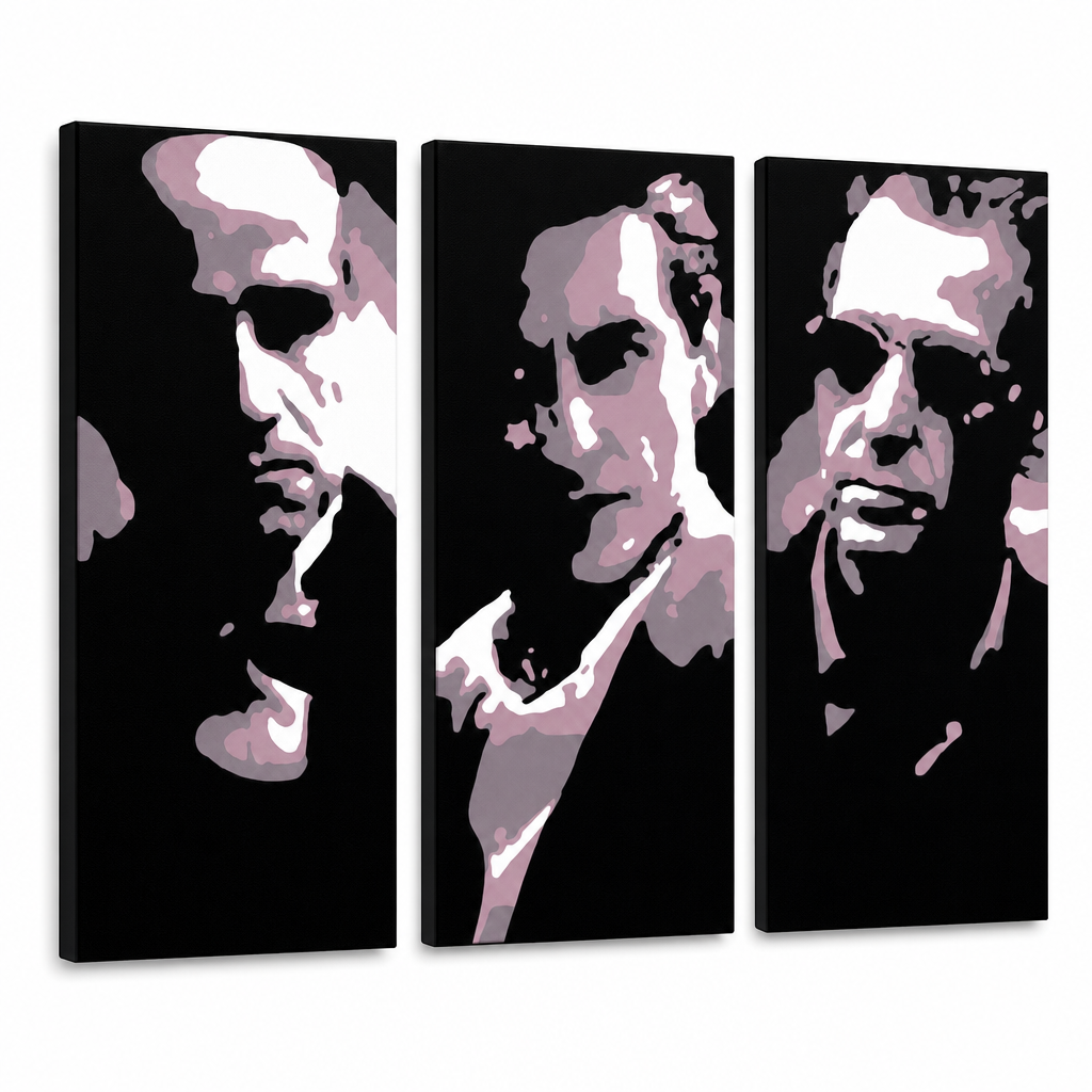 Ručne maľovaný POP Art obraz GODFATHER – 3D vizualizácia ručne maľovaného plátna na bielom pozadí. Dominantné farby: čierna, ružová, biela.