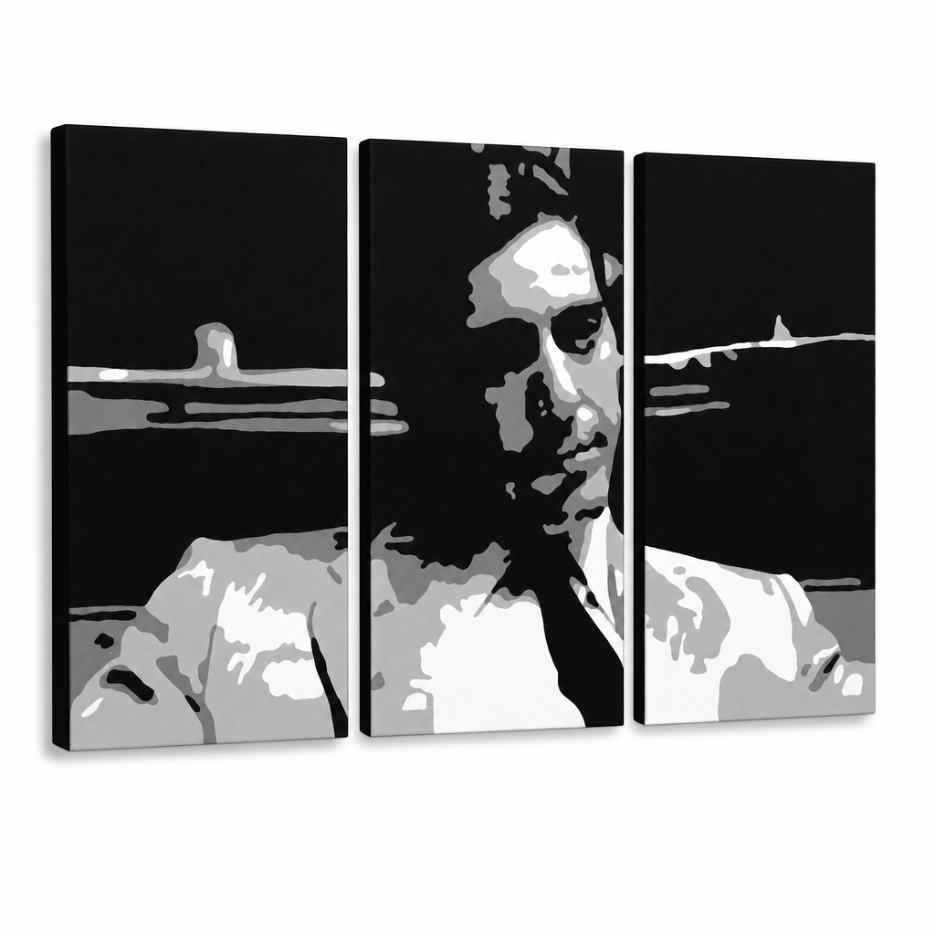 Ručne maľovaný POP Art obraz GODFATHER – 3D vizualizácia ručne maľovaného plátna na bielom pozadí. Dominantné farby: čierna, biela, sivá.