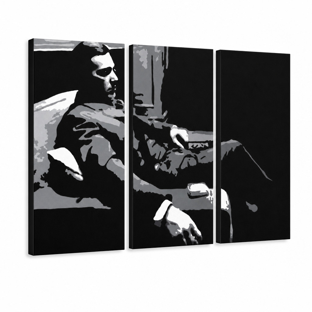Ručne maľovaný POP Art obraz GODFATHER – 3D vizualizácia ručne maľovaného plátna na bielom pozadí. Dominantné farby: čierna, sivá, biela.