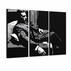 Ručne maľovaný POP Art obraz GODFATHER – 3D vizualizácia ručne maľovaného plátna na bielom pozadí. Dominantné farby: čierna, sivá, biela.