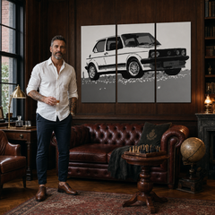 Ručne maľovaný Pop Art obraz Volkswagen Golf Mk1 | triptych – obraz v modernom mužskom interiéri, lifestyle vizualizácia. Dominantné farby: biela, čierna, sivá.
