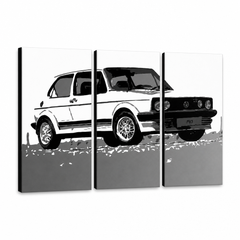 Ručne maľovaný Pop Art obraz Volkswagen Golf Mk1 | triptych – 3D vizualizácia ručne maľovaného plátna na bielom pozadí. Dominantné farby: biela, čierna, sivá.