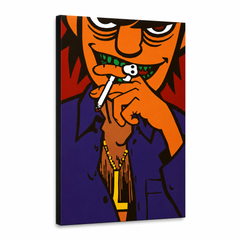 Ručne maľovaný POP Art obraz Gorillaz – 3D vizualizácia ručne maľovaného plátna na bielom pozadí. Dominantné farby: oranžová, čierna, fialová, červená, žltá.