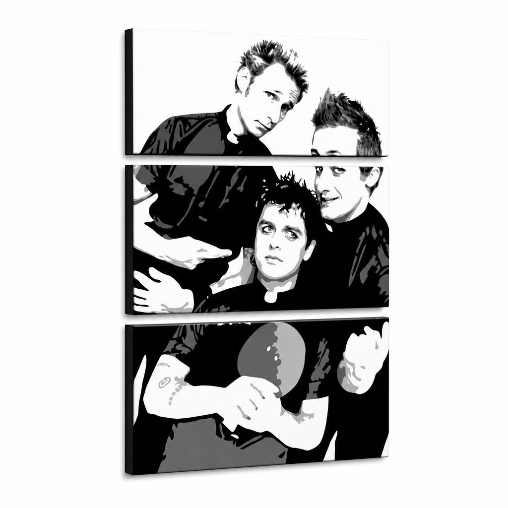 Ručne ma��ovaný POP Art obraz Green Day – 3D vizualizácia ručne maľovaného plátna na bielom pozadí. Dominantné farby: čierna, biela, šedá.