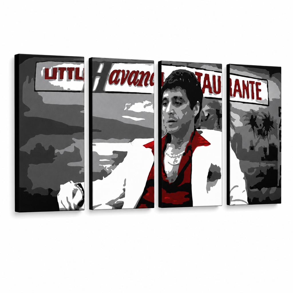Ručne maľovaný POP Art obraz HAVANA - AL PACINO – 3D vizualizácia ručne maľovaného plátna na bielom pozadí. Dominantné farby: čierna, červená, biela, sivá, hnedá.