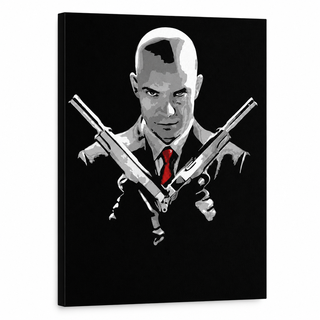 Ručne maľovaný POP Art obraz HITMAN – 3D vizualizácia ručne maľovaného plátna na bielom pozadí. Dominantné farby: čierna, červená, sivá.