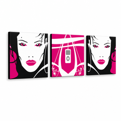 Ručne maľovaný POP Art obraz I-GIRL – 3D vizualizácia ručne maľovaného plátna na bielom pozadí. Dominantné farby: ružová, čierna, biela, sivá.