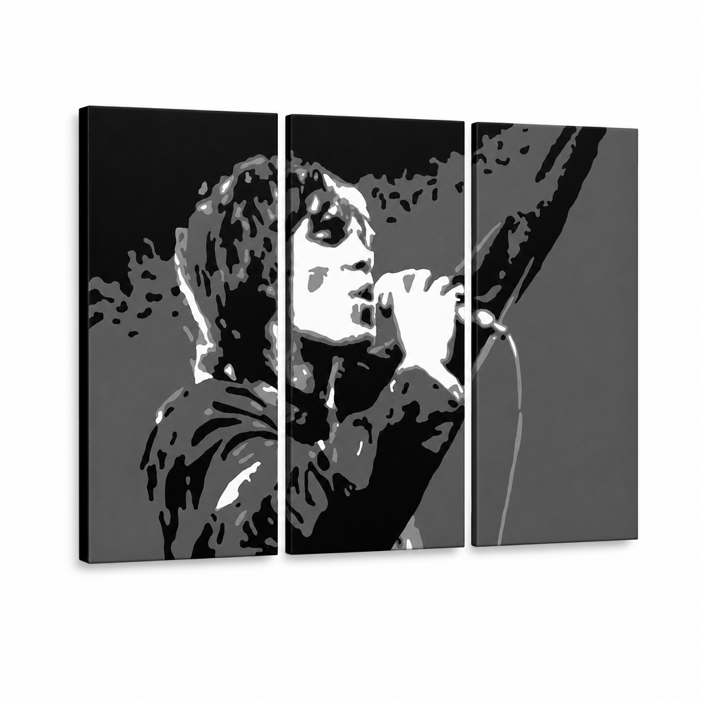Ručne maľovaný POP Art obraz Ian Brown – 3D vizualizácia ručne maľovaného plátna na bielom pozadí. Dominantné farby: čierna, biela, sivá.
