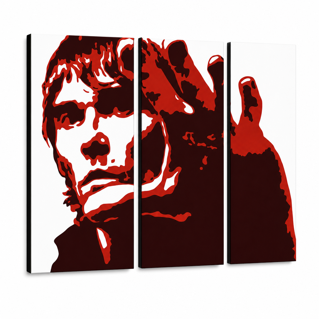 Ručne maľovaný POP Art obraz Ian Brown – 3D vizualizácia ručne maľovaného plátna na bielom pozadí. Dominantné farby: červená, čierna, biela.