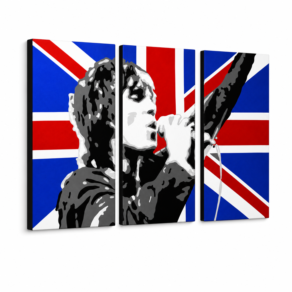 Ručne maľovaný POP Art obraz Ian Brown – 3D vizualizácia ručne maľovaného plátna na bielom pozadí. Dominantné farby: čierna, červená, modrá, biela, sivá.