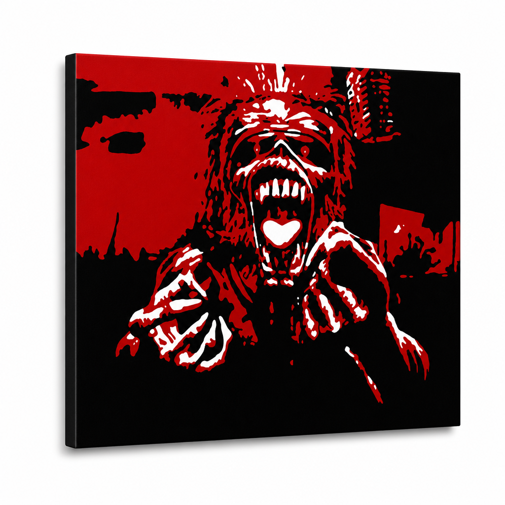 Ručne maľovaný POP Art obraz Iron Maiden – 3D vizualizácia ručne maľovaného plátna na bielom pozadí. Dominantné farby: červená, čierna, biela.