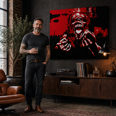 Ručne maľovaný POP Art obraz Iron Maiden – obraz v modernom mužskom interiéri, lifestyle vizualizácia. Dominantné farby: červená, čierna, biela.