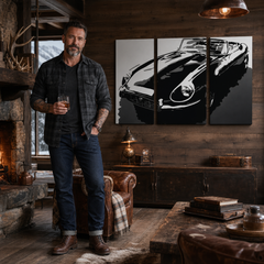 Ručne maľovaný POP Art obraz JAGUAR – obraz v modernom mužskom interiéri, lifestyle vizualizácia. Dominantné farby: čierna, biela, sivá.