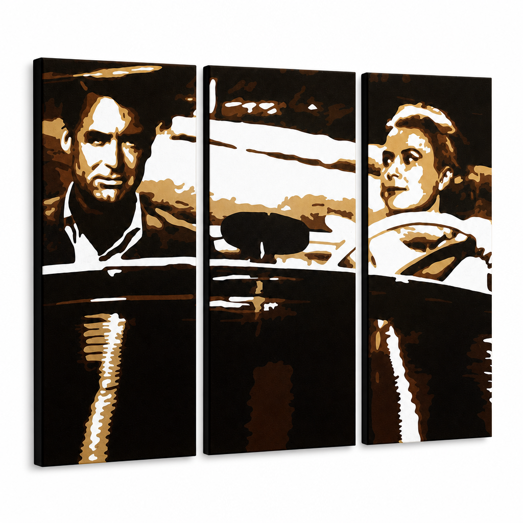 Ručne maľovaný POP Art obraz James Bond – 3D vizualizácia ručne maľovaného plátna na bielom pozadí. Dominantné farby: čierna, hnedá, biela.