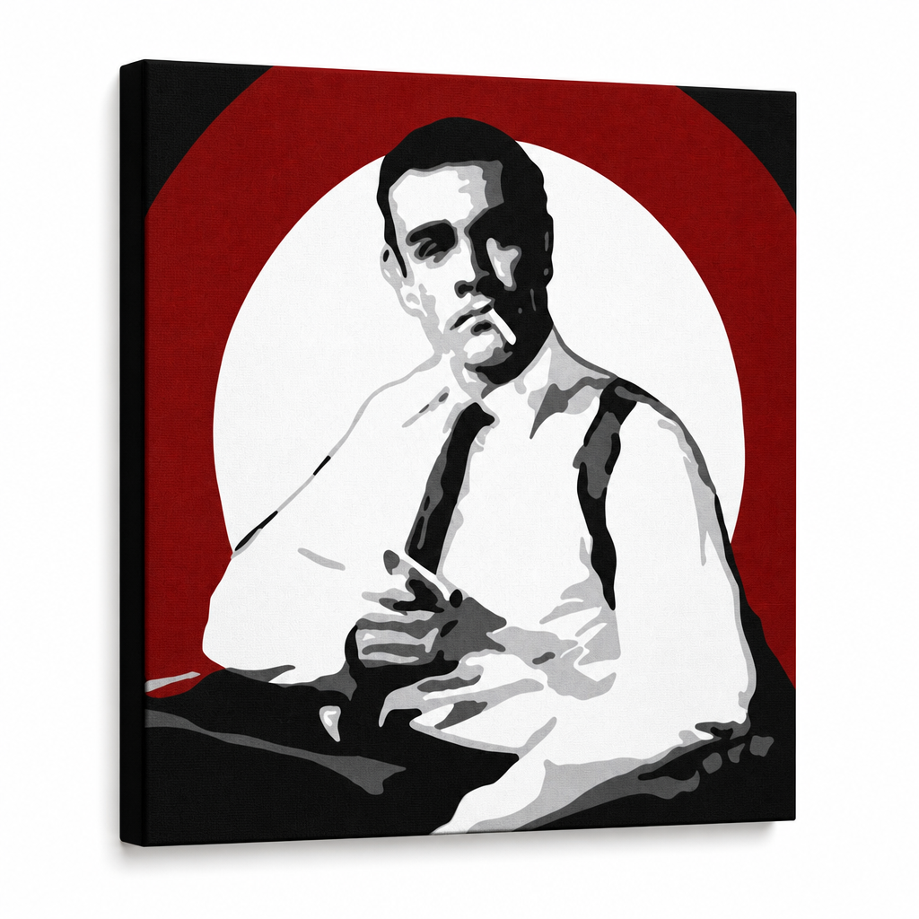 Ručne maľovaný POP Art obraz James Bond – 3D vizualizácia ručne maľovaného plátna na bielom pozadí. Dominantné farby: čierna, biela, červená.