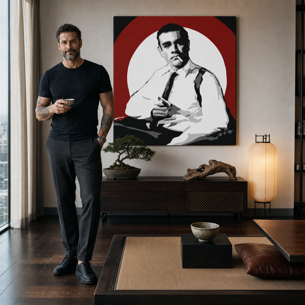 Ručne maľovaný POP Art obraz James Bond – obraz v modernom mužskom interiéri, lifestyle vizualizácia. Dominantné farby: čierna, biela, červená.