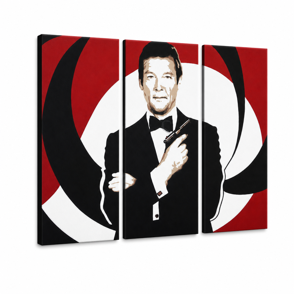 Ručne maľovaný POP Art obraz James Bond – 3D vizualizácia ručne maľovaného plátna na bielom pozadí. Dominantné farby: čierna, červená, biela.