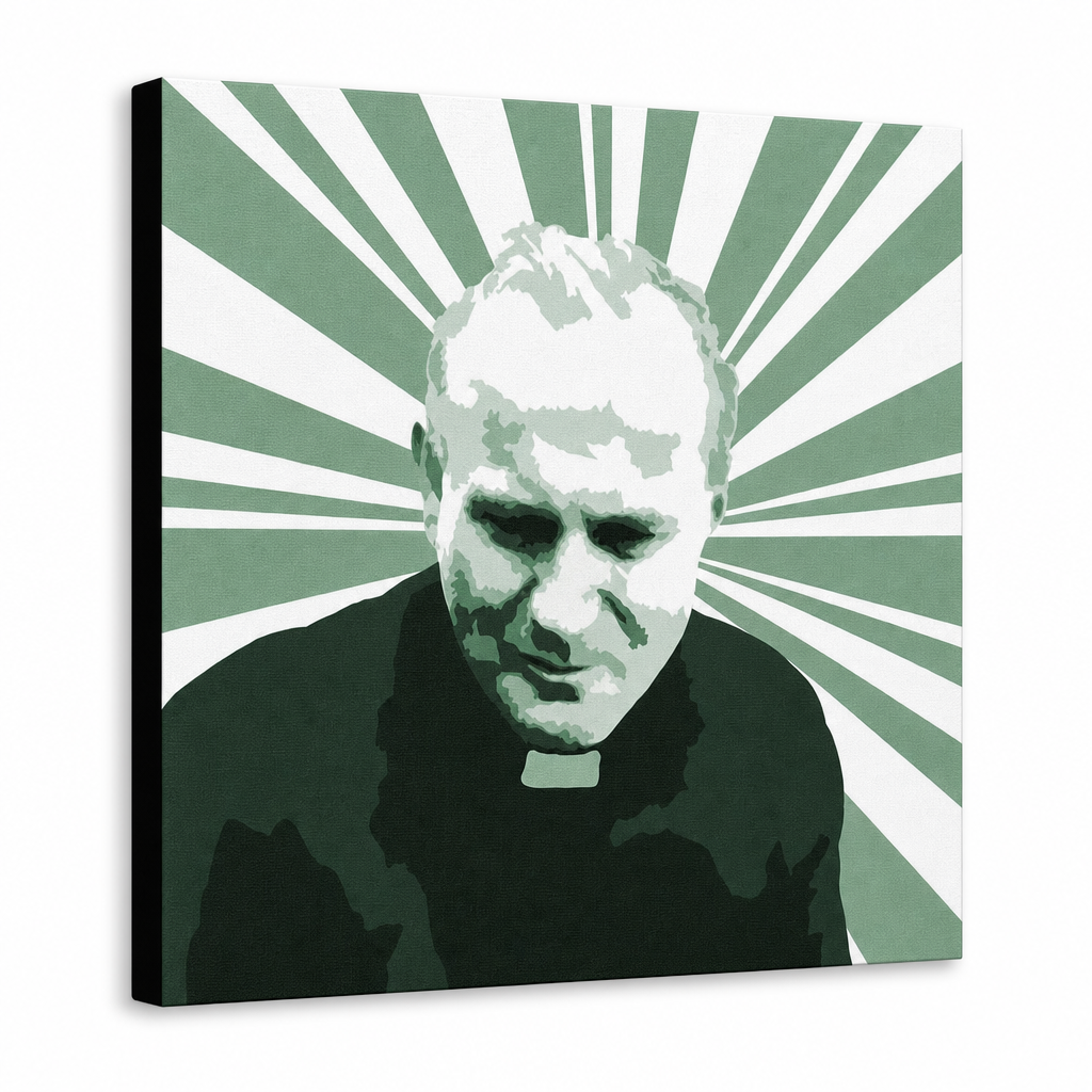 Ručne maľovaný POP Art obraz JÁN PAVOL II. – 3D vizualizácia ručne maľovaného plátna na bielom pozadí. Dominantné farby: zelená, biela, čierna.