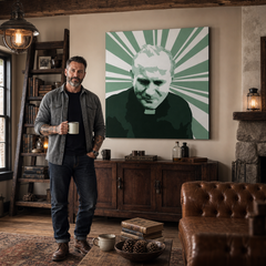 Ručne maľovaný POP Art obraz JÁN PAVOL II. – obraz v modernom mužskom interiéri, lifestyle vizualizácia. Dominantné farby: zelená, biela, čierna.