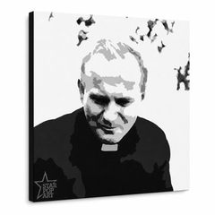Ručne maľovaný POP Art obraz JÁN PAVOL II. – 3D vizualizácia ručne maľovaného plátna na bielom pozadí. Dominantné farby: čierna, biela, sivá.