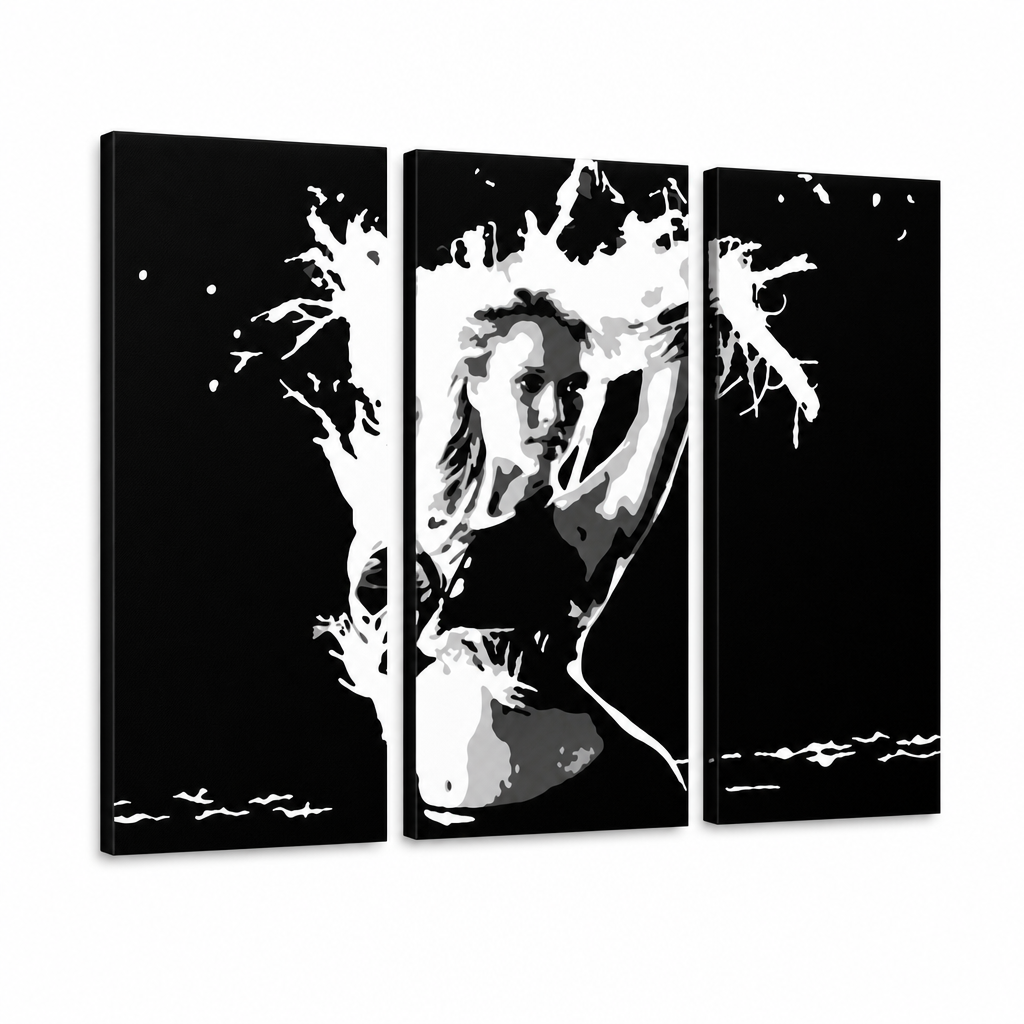 Ručne maľovaný POP Art obraz Jessica Alba – 3D vizualizácia ručne maľovaného plátna na bielom pozadí. Dominantné farby: čierna, biela.