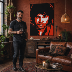 Ručne maľovaný POP Art obraz Jim Morrison – obraz v modernom mužskom interiéri, lifestyle vizualizácia. Dominantné farby: čierna, červená, biela.