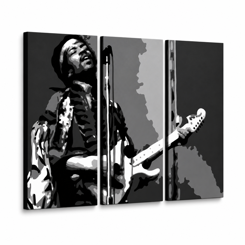 Ručne maľovaný POP Art obraz Jimmy Hendrix – 3D vizualizácia ručne maľovaného plátna na bielom pozadí. Dominantné farby: čierna, biela, sivá.
