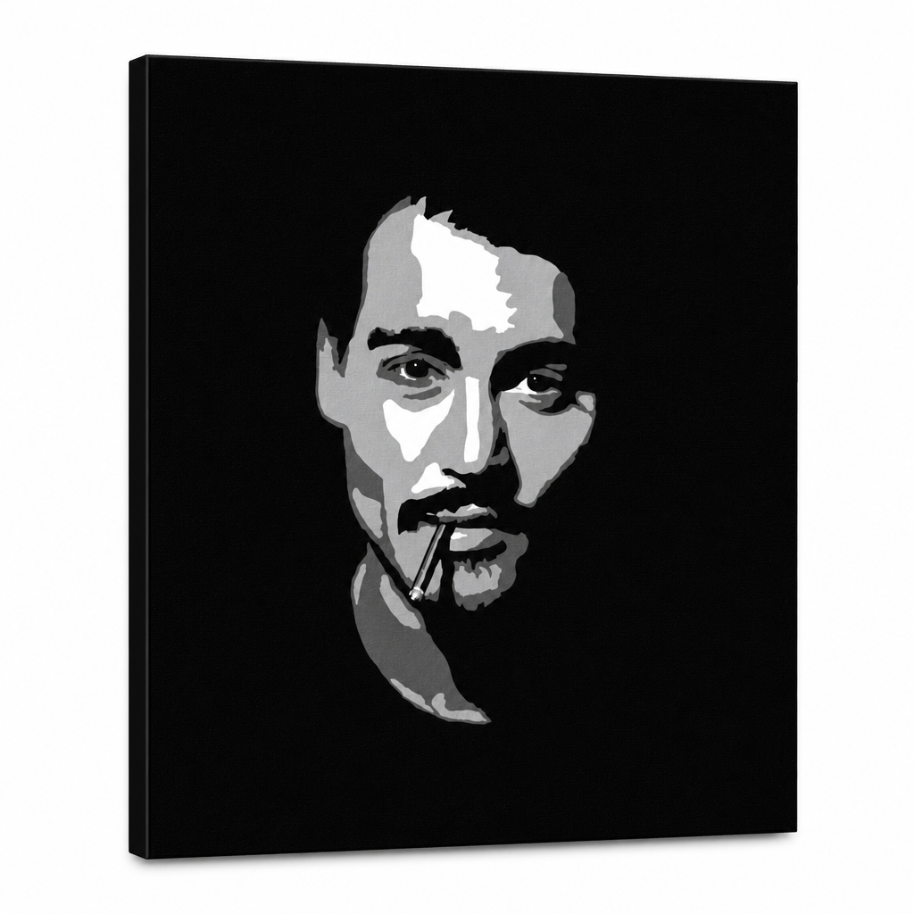 Ručne maľovaný POP Art obraz Johnny Depp – 3D vizualizácia ručne maľovaného plátna na bielom pozadí. Dominantné farby: čierna, biela, šedá.