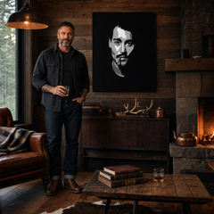 Ručne maľovaný POP Art obraz Johnny Depp – obraz v modernom mužskom interiéri, lifestyle vizualizácia. Dominantné farby: čierna, biela, šedá.