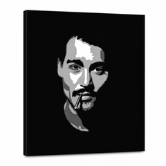 Ručne maľovaný POP Art obraz Johnny Depp – 3D vizualizácia ručne maľovaného plátna na bielom pozadí. Dominantné farby: čierna, biela, šedá.