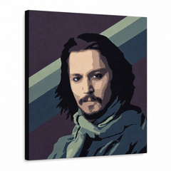 Ručne maľovaný POP Art obraz Johnny Depp – 3D vizualizácia ručne maľovaného plátna na bielom pozadí. Dominantné farby: fialová, modrá, čierna, béžová, zelená.