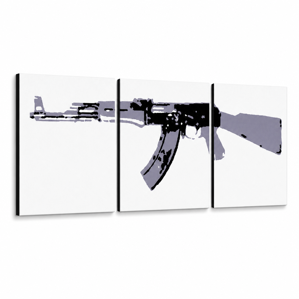 Ručne maľovaný POP Art obraz Kalashnikov – 3D vizualizácia ručne maľovaného plátna na bielom pozadí. Dominantné farby: čierna, sivá, biela.