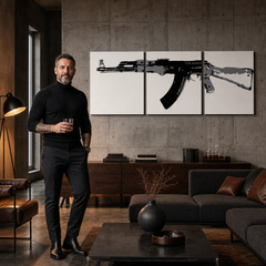 Ručne maľovaný POP Art obraz Kalashnikov – obraz v modernom mužskom interiéri, lifestyle vizualizácia. Dominantné farby: čierna, sivá, biela.