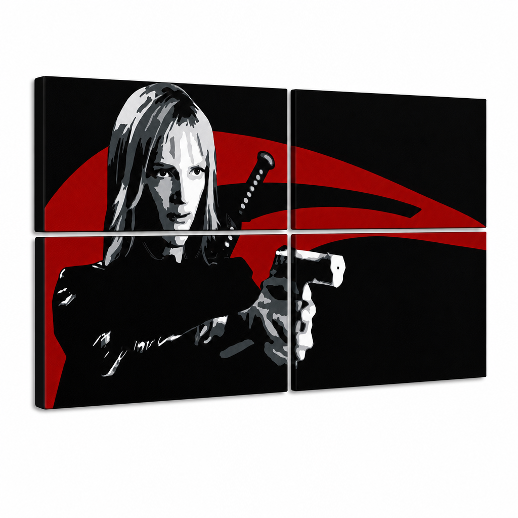 Ručne maľovaný POP Art obraz Kill Bill – 3D vizualizácia ručne maľovaného plátna na bielom pozadí. Dominantné farby: čierna, červená, biela.