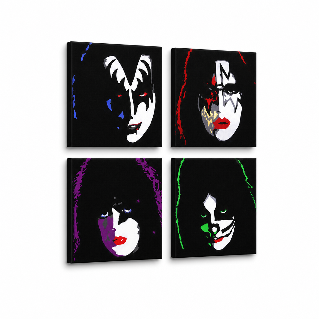 Ručne maľovaný POP Art obraz Kiss – 3D vizualizácia ručne maľovaného plátna na bielom pozadí. Dominantné farby: čierna, biela, červená, zelená, fialová.
